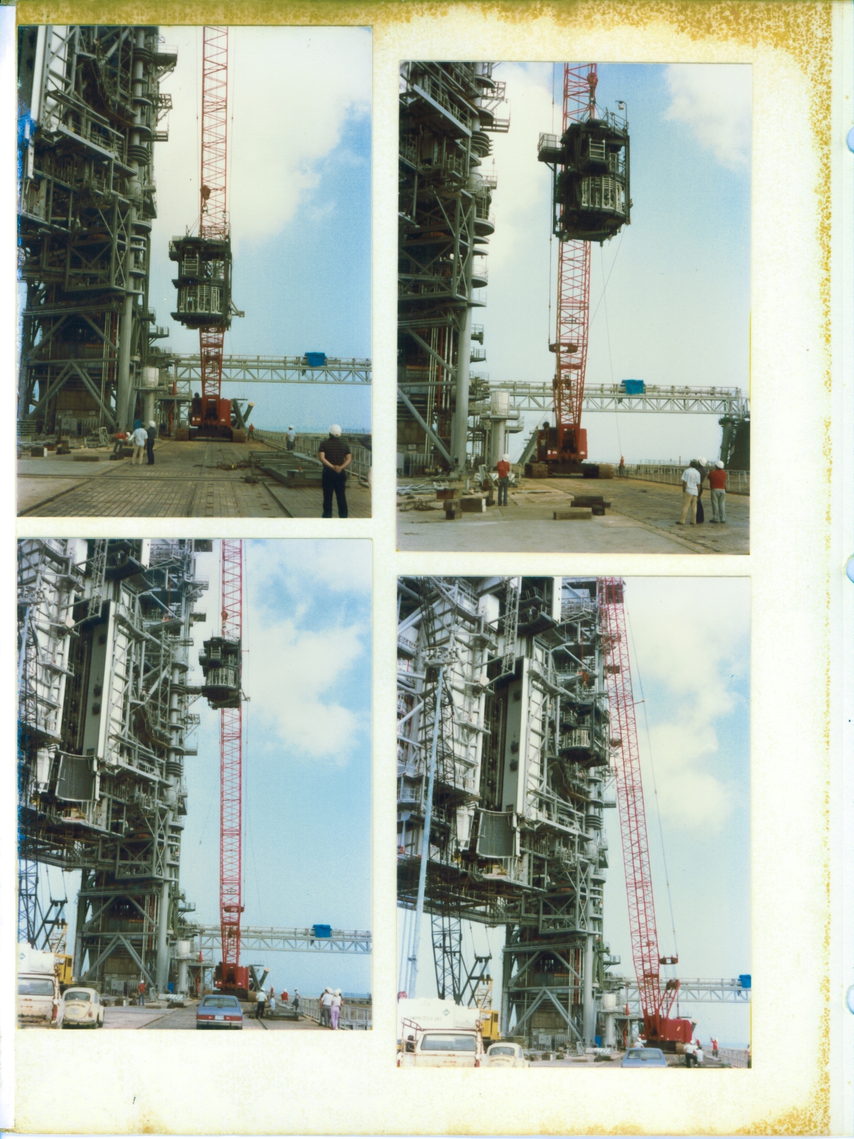 The Orbiter Mid Body Umbilical Unit (OMBUU) Arm is lifted into place on the Rotating Service Structure (RSS) at Space Shuttle Launch Complex 39-B, Kennedy Space Center, Florida.